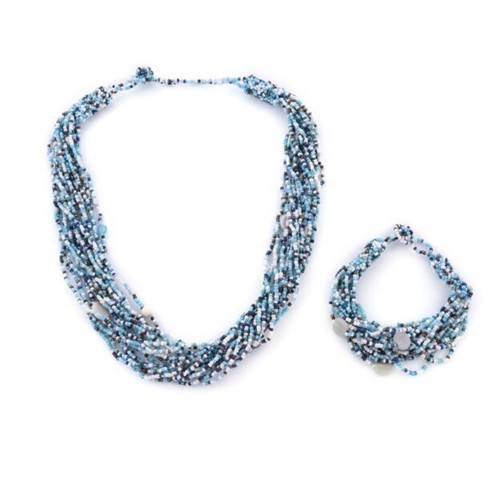 NEW Seed Bead Set Blue Muti Necklace Bracelet Adjustable